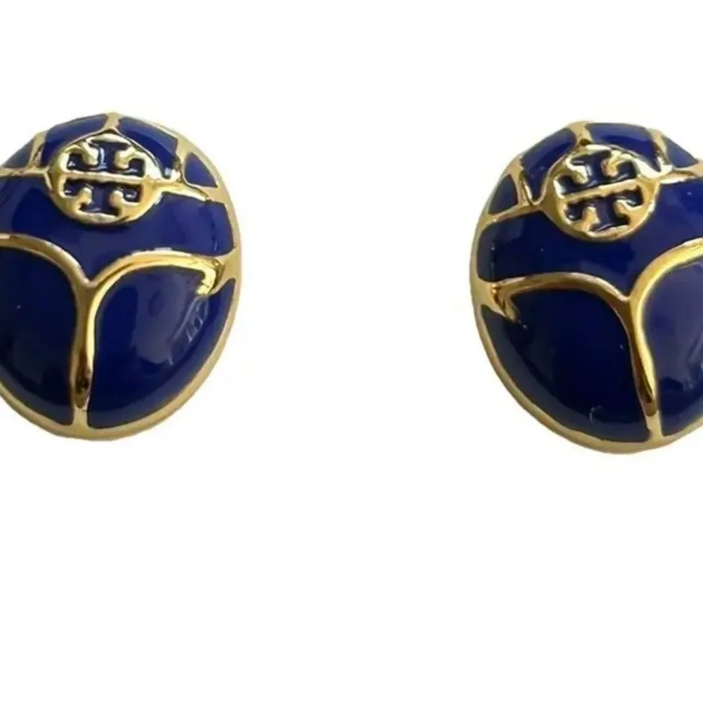 Tory Burch New Blue Enamel Oval Gold-Toned Earrings
